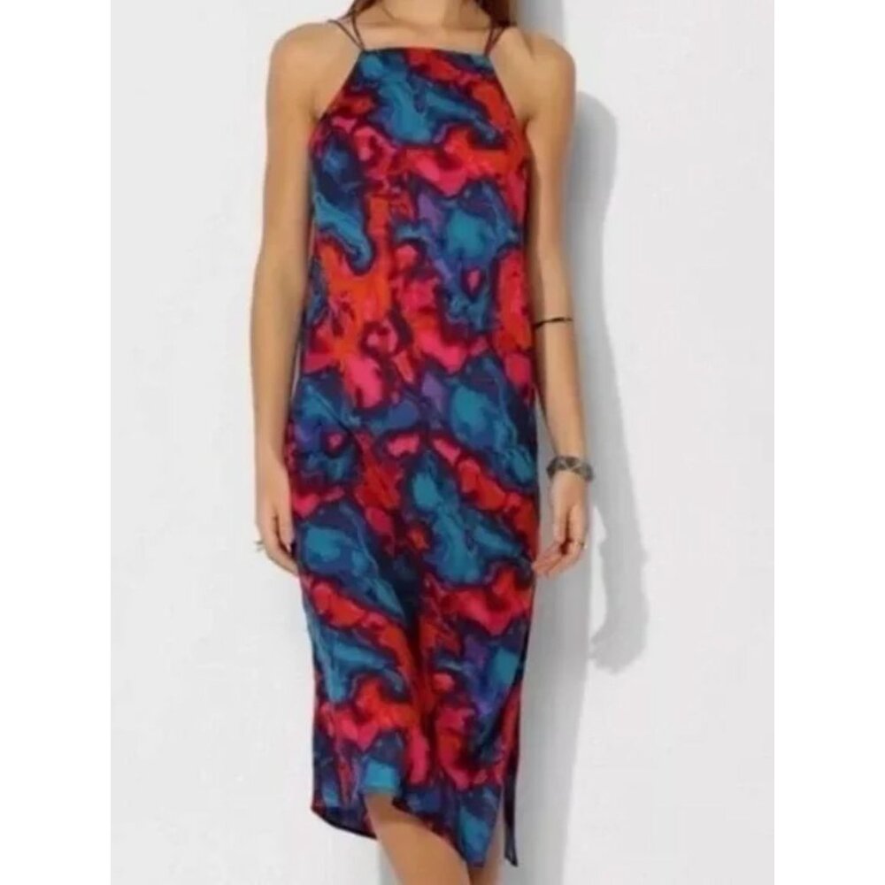 Silence & Noise Midi Slip Dress Womens M Red Blue Watercolor Tie Dye Festival